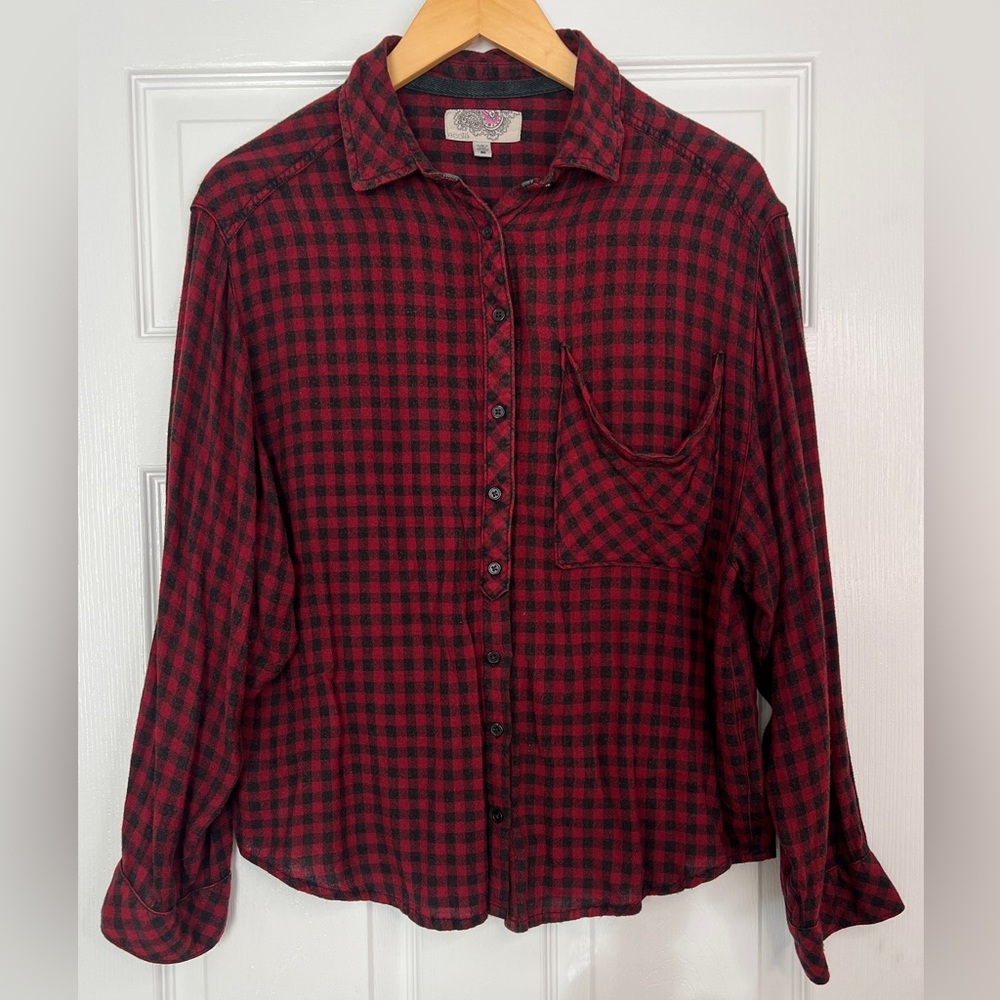 Ecote Red Black Buffalo Plaid Button Down Shirt Flannel Pocket Top M